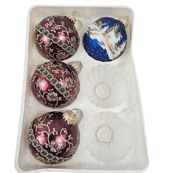 Christmas By Krebs 4 Ornaments Burgundy Ribbon Trim Blue Reindeer Glitter - Picture 2 of 12